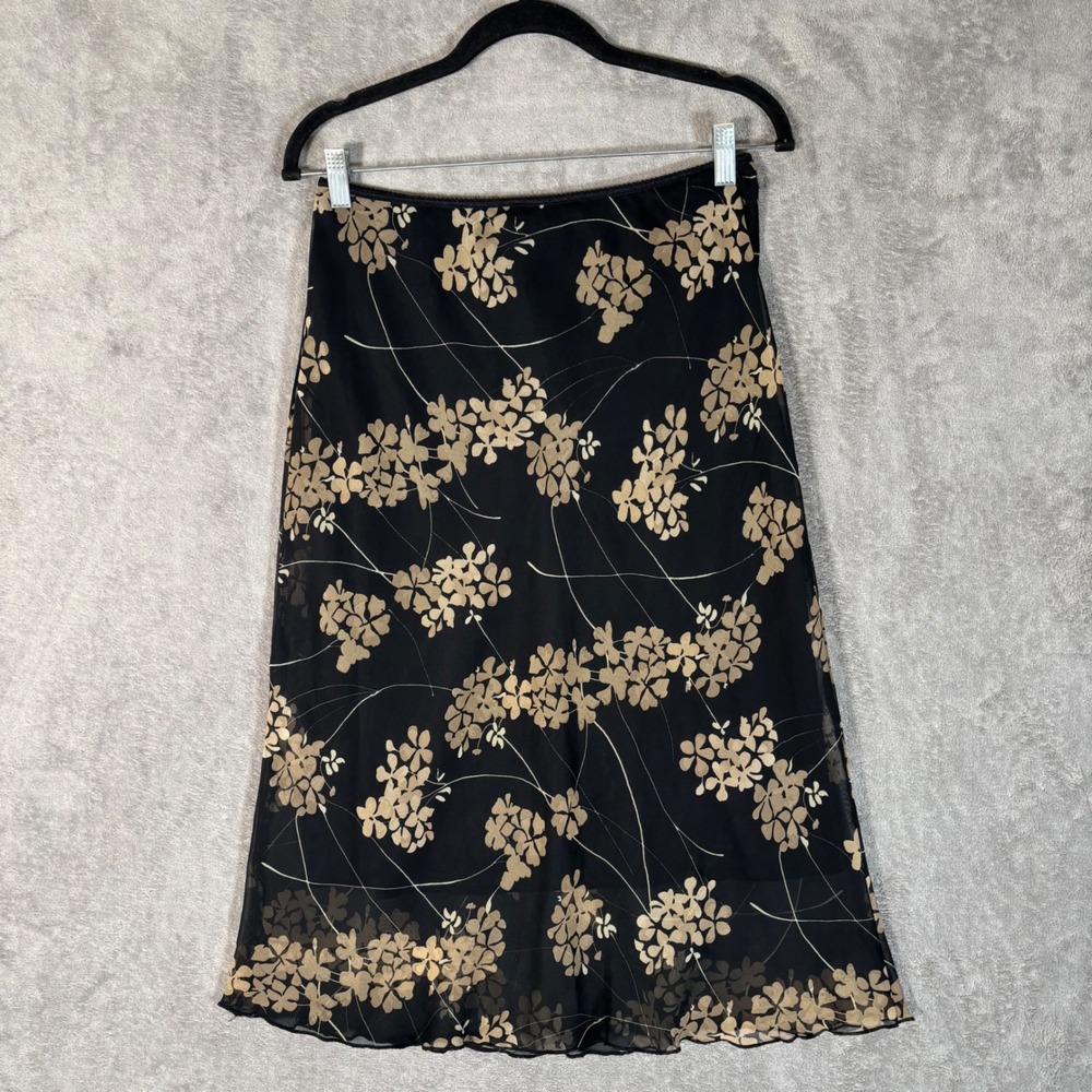 Jonathan Martin Studio Black Tan Floral Midi Skirt Sheer Overlay Fits S Fairy